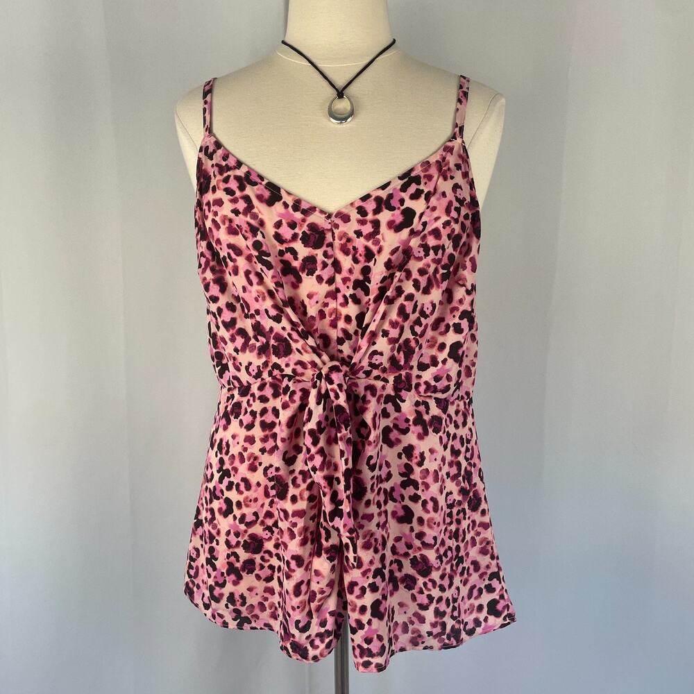 Torrid Cami Tank Top Plus Size 2 2X Pink Cheetah Leopard Tie Front Boho V Neck